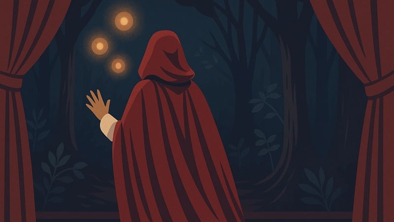 Little Red Riding Hood in the woods on stage.