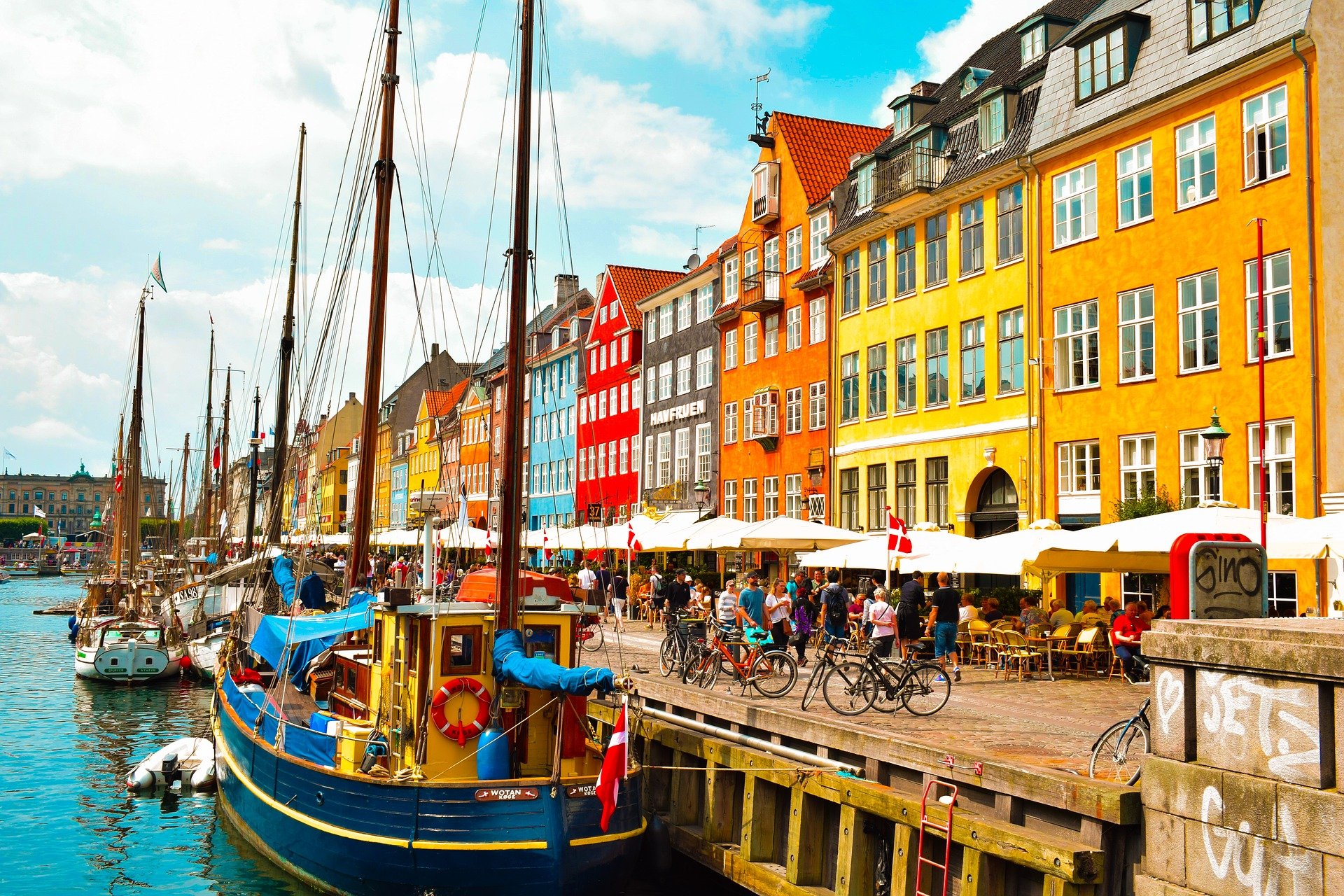 A colorful street in Copenhagen.