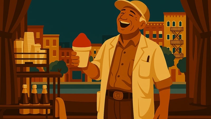 A smiling man selling piraguas on stage.