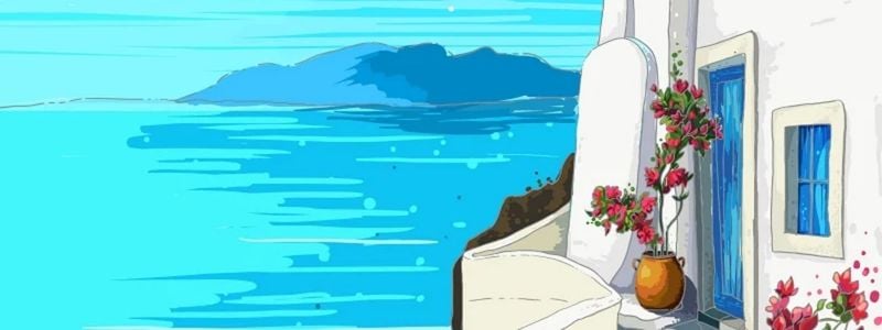 A watercolor of a Greek island.