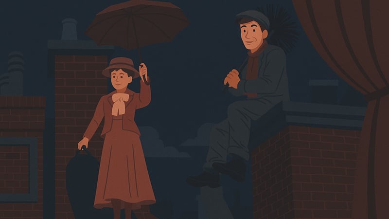 An illustrated Mary and Bert on stage.