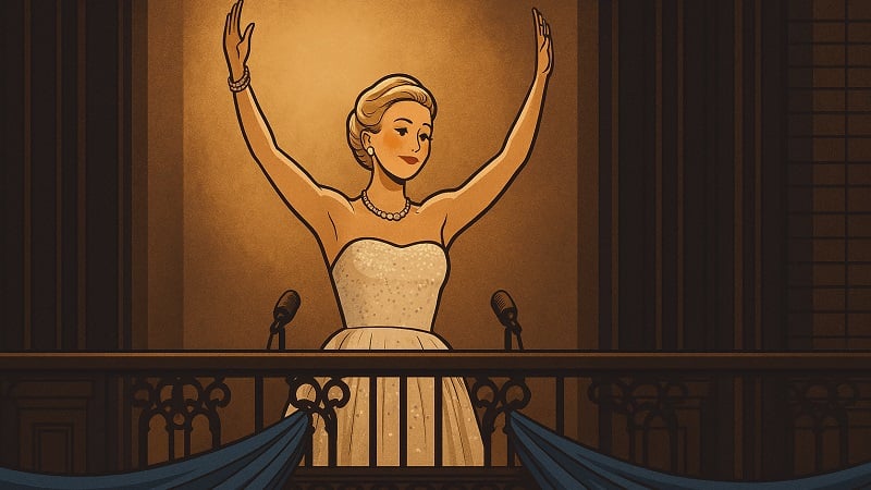 Eva Peron on a stage balcony.