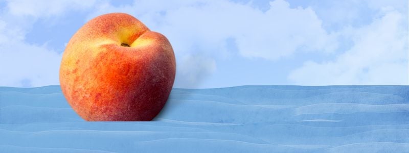 A giant peach floating in the ocean.