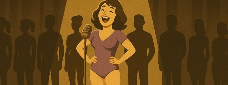 A smiling woman singing on a stage with silhouetted performers behind her.