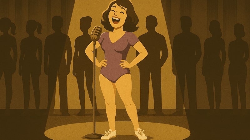A smiling woman singing on a stage with seven silhouetted performers behind her.