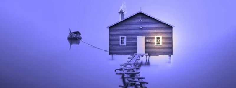 A purple floating house.