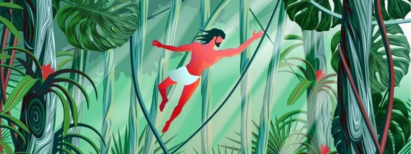 Tarzan swinging in the jungle.