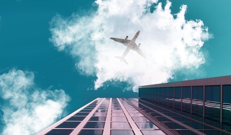 An airplane in the sky.
