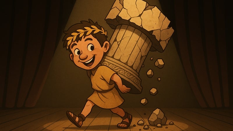 A cheerful young man on stage wearing a headband and tunic carrying a massive broken stone column on his back.