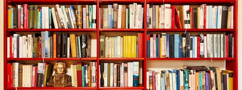 A full bookshelf with red trim