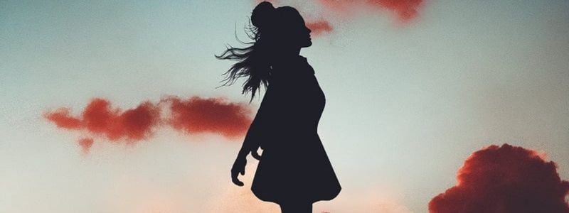 A silhouette of a young girl in front of a sunset.