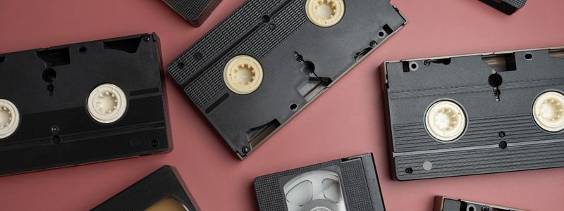 A handful of VHS tapes on a red background.