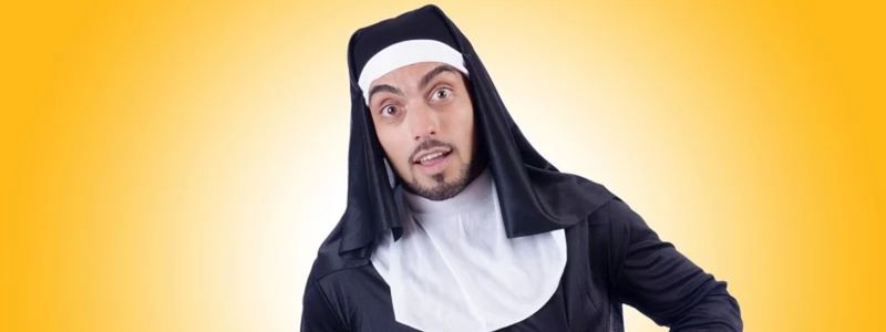 A male nun with a yellow background.
