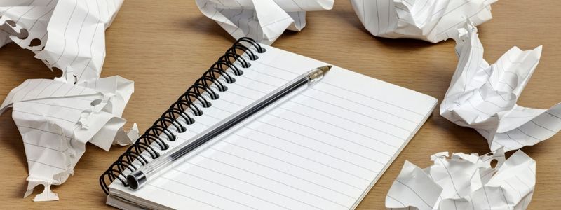 A blank notebook surrounded by crumpled paper.