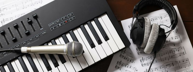 A keyboard with headphones, music, and a microphone.
