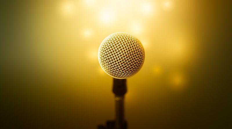 A microphone with golden yellow background.