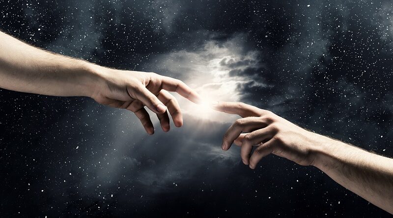 Two heavenly hands reaching towards each other.
