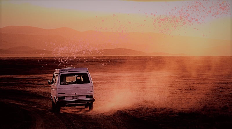 A campervan in the desert.