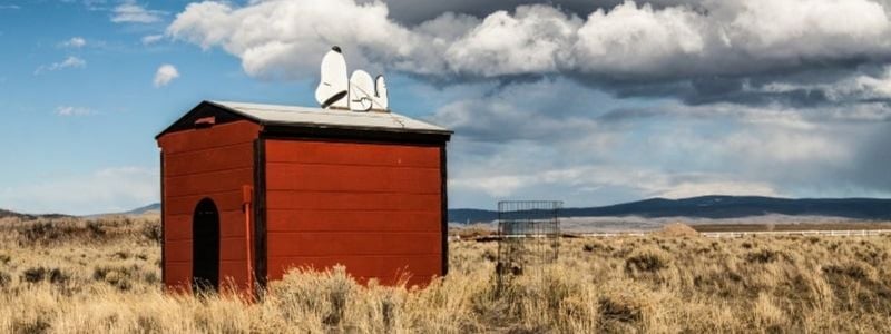 Snoopy taking a nap on the dog house.