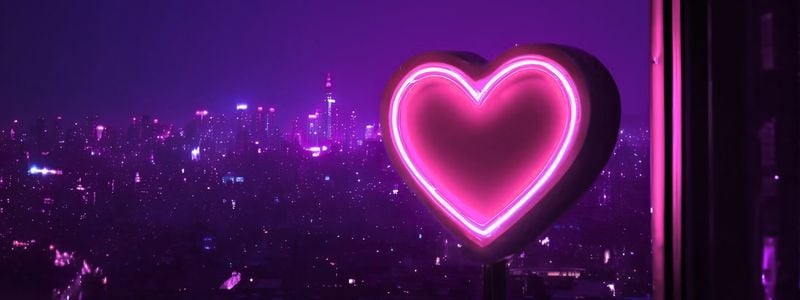 A pink neon heart with a city background.