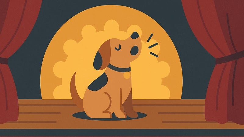 A dog singing on stage.