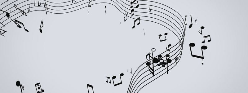 Music notes swirling on a light blue background.