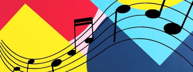 Colorful shapes and music notes.