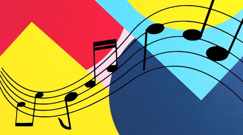 Colorful shapes and music notes.