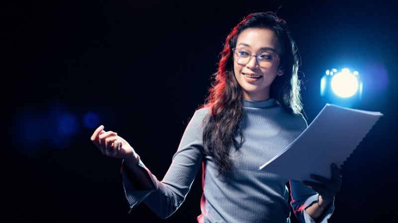 A woman rehearsing her one-act musical.