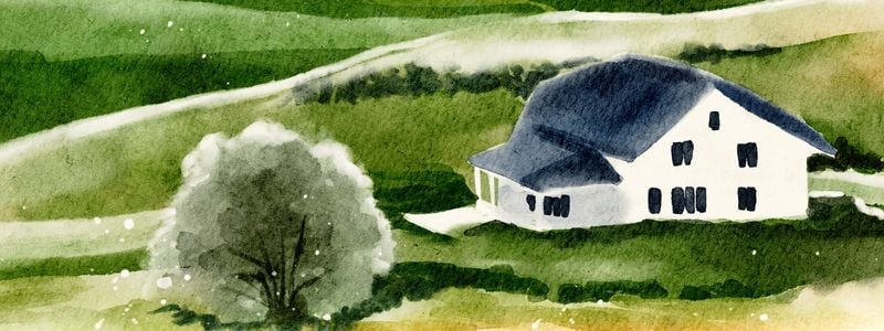 A watercolor house on green rolling hills.