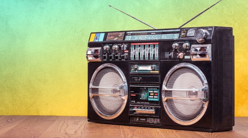 A boombox with a neon background.