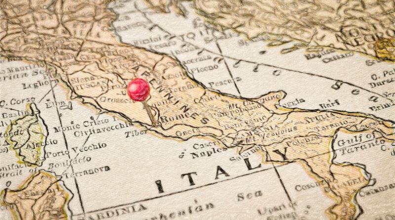 A map with a pin in Italy.