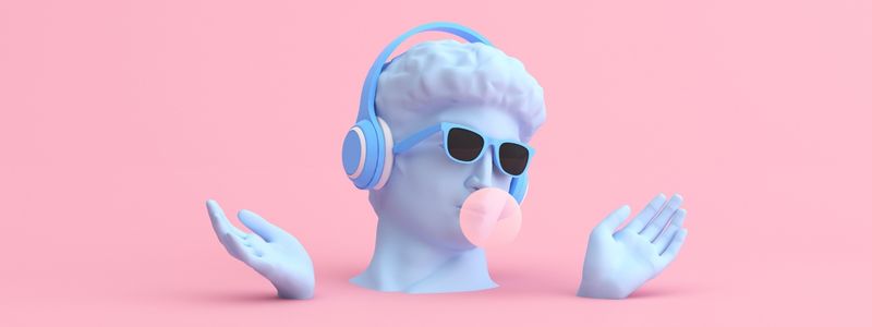 A blue statue head with headphones and bubblegum.
