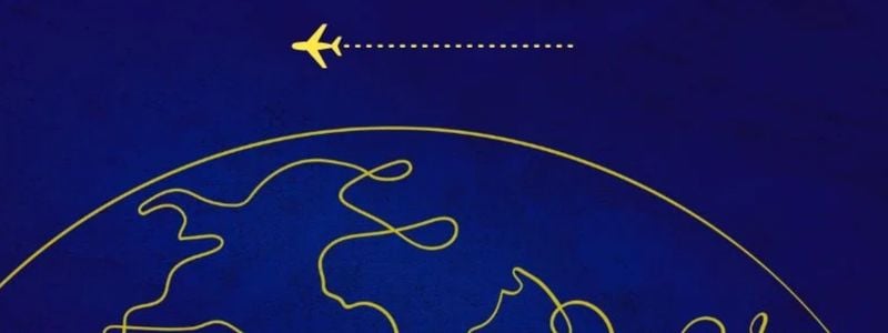 A yellow line drawn globe and plane graphic.