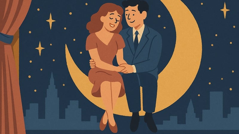 Two lovers snuggling on a set halfmoon.