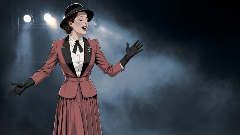 A woman in the style of Fanny Brice singing on stage.