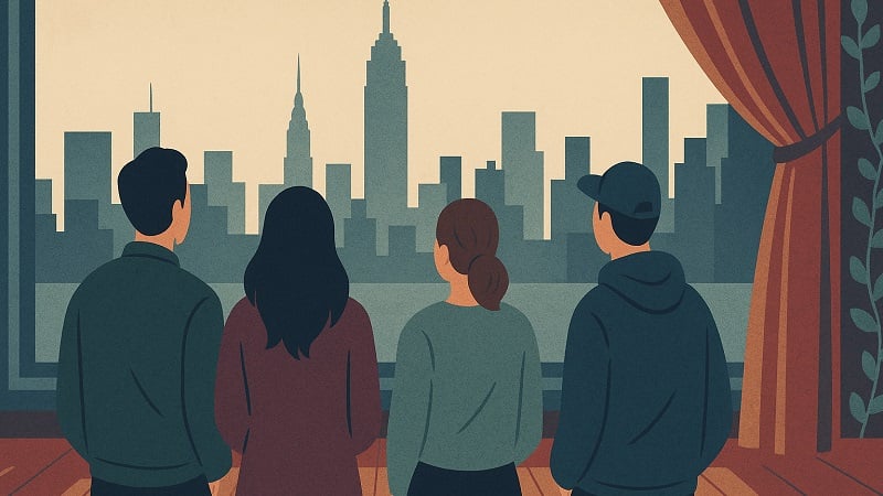 Four friends looking at the NYC skyline on stage.