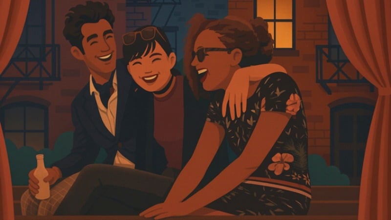 Three friends on a stage.