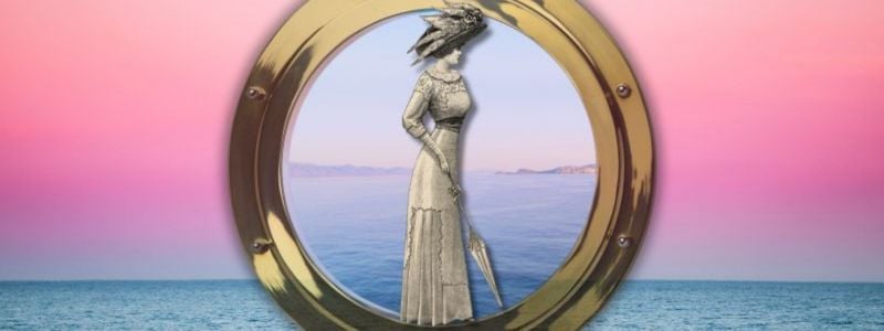 A symbolic illustration of Molly Brown standing inside a ship's porthole, overlaid on an ocean sunset.